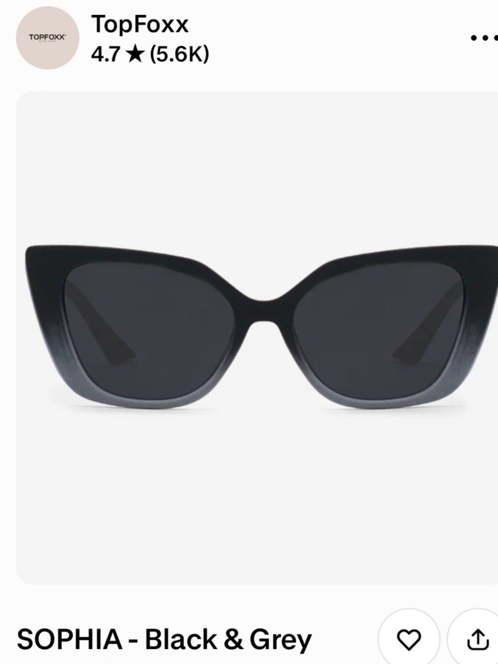 TopFoxx SOPHIA Black Cat-Eye Sunglasses — Polished Black Frame